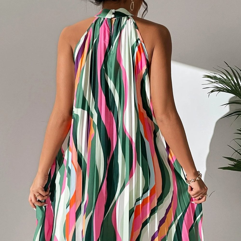 Multicolor Preppy Womens Allover Print Pleated Halter Dress - Picture 2 of 5